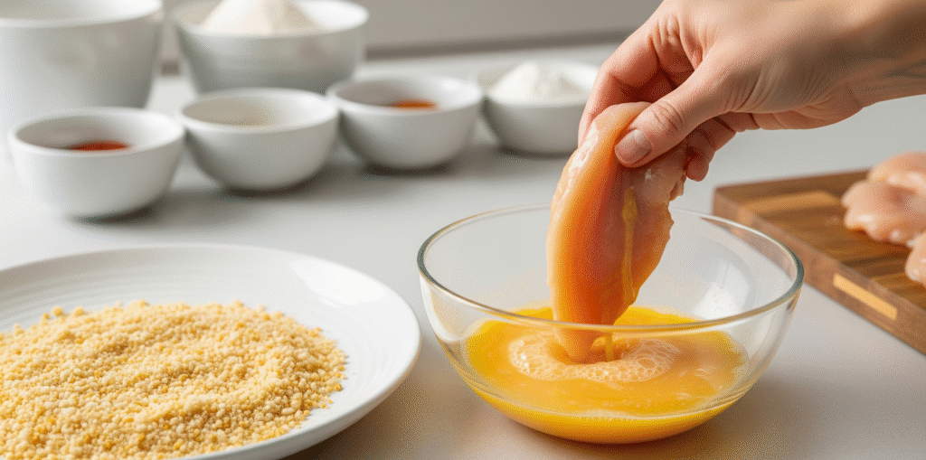 Chicken cutlet being dipped in egg and pressed into garlic-Parmesan breadcrumb coating.