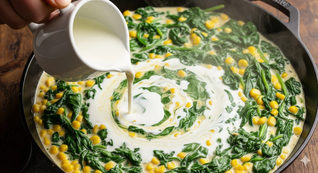 Heavy cream being poured into the skillet of spinach and corn, creating a smooth, silky base.