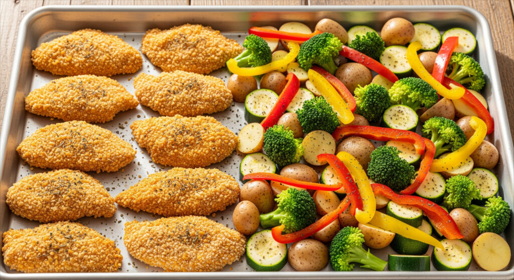 Baking tray with breaded chicken cutlets and seasoned vegetables ready for the oven.
