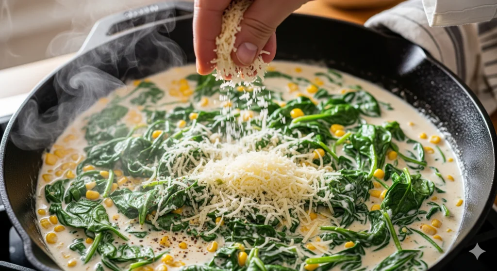 Parmesan cheese sprinkled over creamy spinach and corn mixture with flecks of black pepper and nutmeg visible.