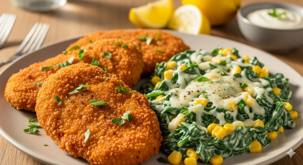 Two crispy chicken cutlets and creamy spinach with corn, garnished with parsley and pepper, on a rustic plate under warm light.