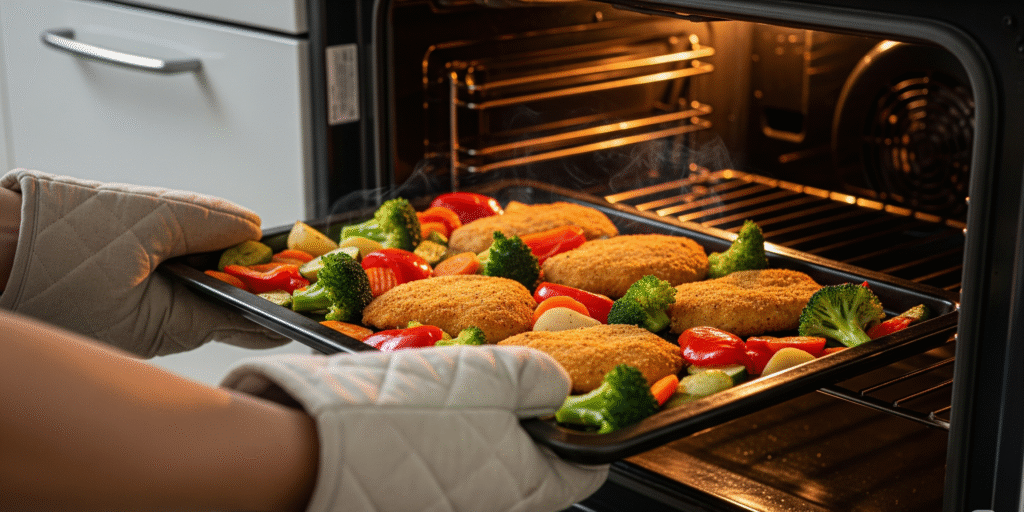 Freshly baked garlic Parmesan chicken cutlets and roasted veggies on a hot tray just out of the oven.