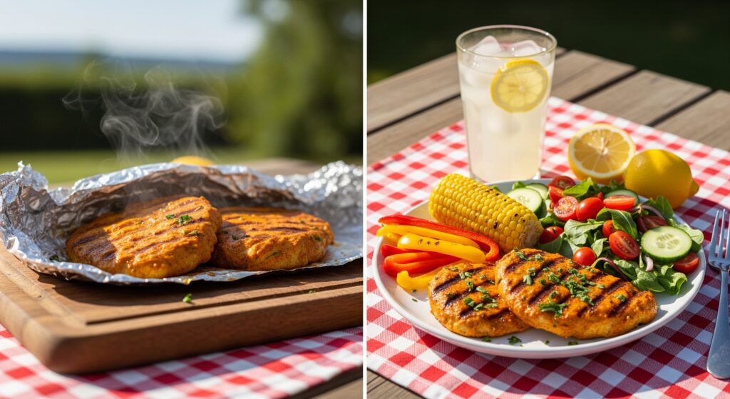 Grilled turkey cutlets resting, then plated with parsley and summer sides.