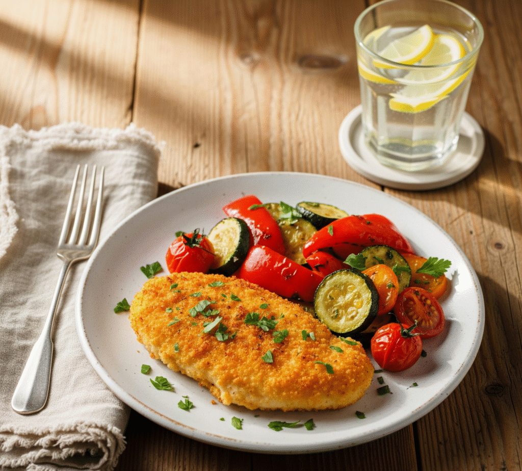 One-Pan Crispy Parmesan Garlic Chicken with Veggies served on a dinner plate, garnished with parsley.