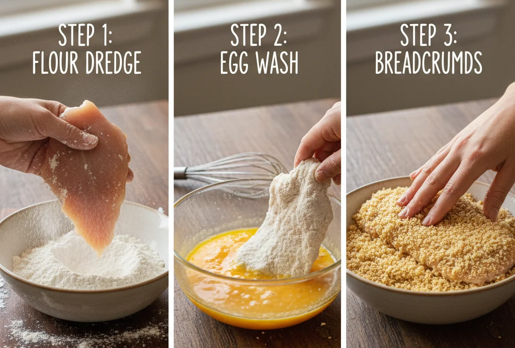 three step chicken breast cutlet breading process