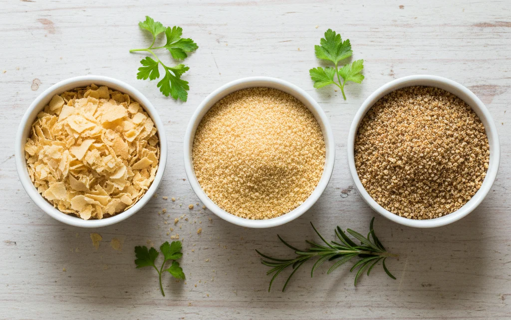 Three small bowls of different dairy-free breadcrumb varieties arranged on a wooden kitchen counter with herbs