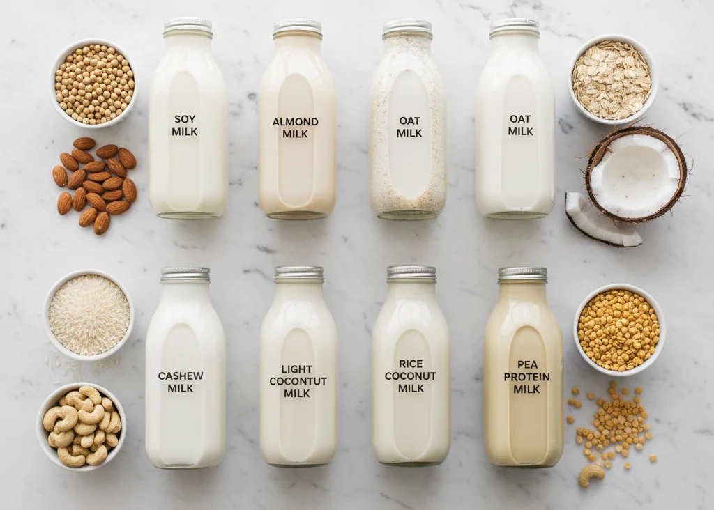 Seven non-dairy milk options — soy, almond, oat, light coconut, rice, cashew, and pea protein — in separate glasses with their raw ingredients on a bright kitchen counter.