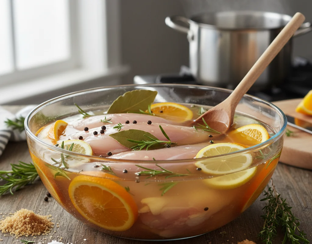 Chicken breasts marinating being brined