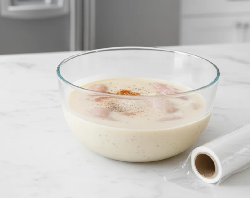 Plant-based buttermilk marinade made from soy or almond milk with lemon juice, salt, and spices in a bowl with chicken cutlets being
