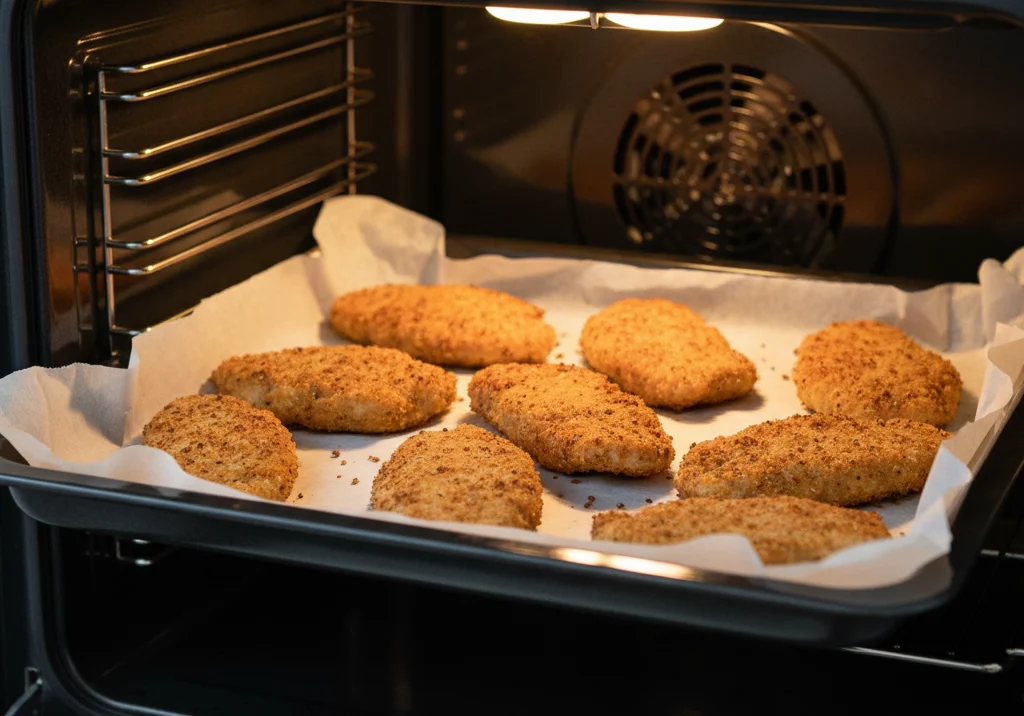 Breaded chicken cutlets on a parchment-lined tray being placed into a preheated 400°F oven for baking.