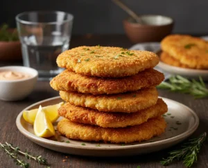 Crispy golden-brown chicken cutlets stacked on a plate with lemon wedges, dipping sauce, and herbs on a rustic wooden table.