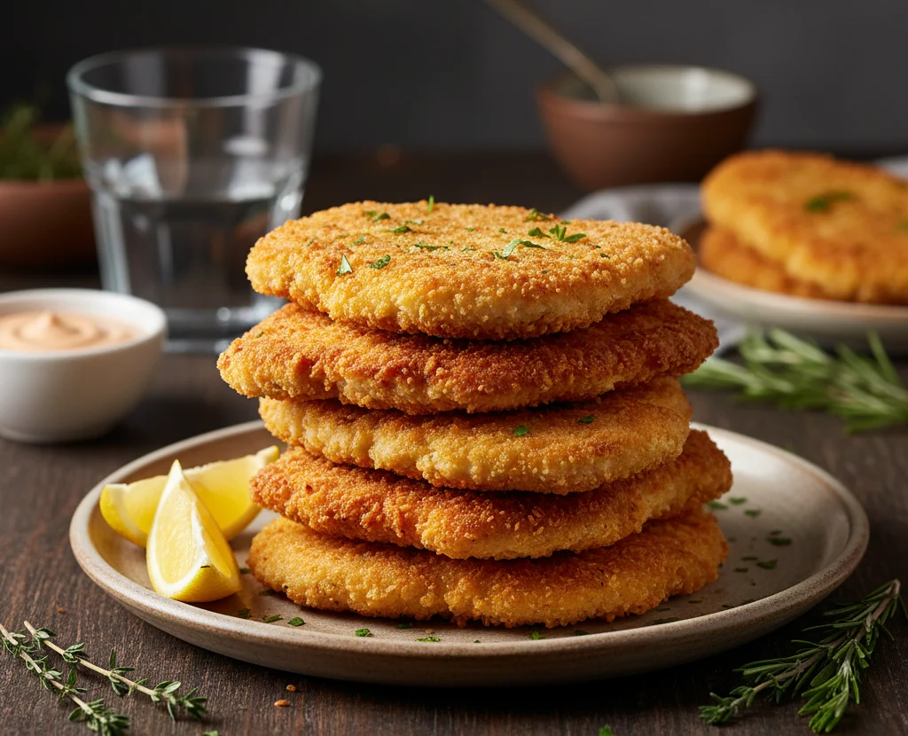 Crispy golden-brown chicken cutlets stacked on a plate with lemon wedges, dipping sauce, and herbs on a rustic wooden table.
