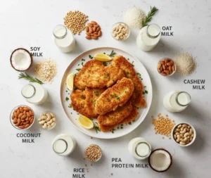 Golden crispy chicken cutlets on a plate with lemon wedges and herbs, surrounded by various dairy-free buttermilk alternatives like soy, almond, oat, coconut, rice, cashew, and pea protein milk with their raw ingredients.