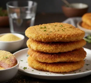 Crispy dairy-free chicken cutlets coated with golden breadcrumbs served on a white plate.