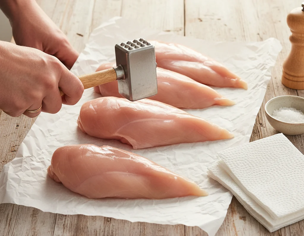 Raw chicken breasts on parchment paper with a meat mallet and paper towels on a wooden kitchen counter.
