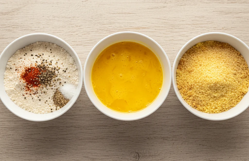 hree bowls on a kitchen counter: one with seasoned flour, one with beaten eggs, and one with breadcrumbs mixed with dairy-free parmesan.