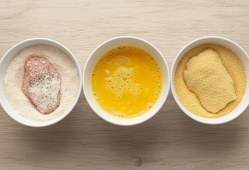 Chicken cutlets being coated in flour, egg mixture, and breadcrumbs at a breading station with three bowls on a countertop.