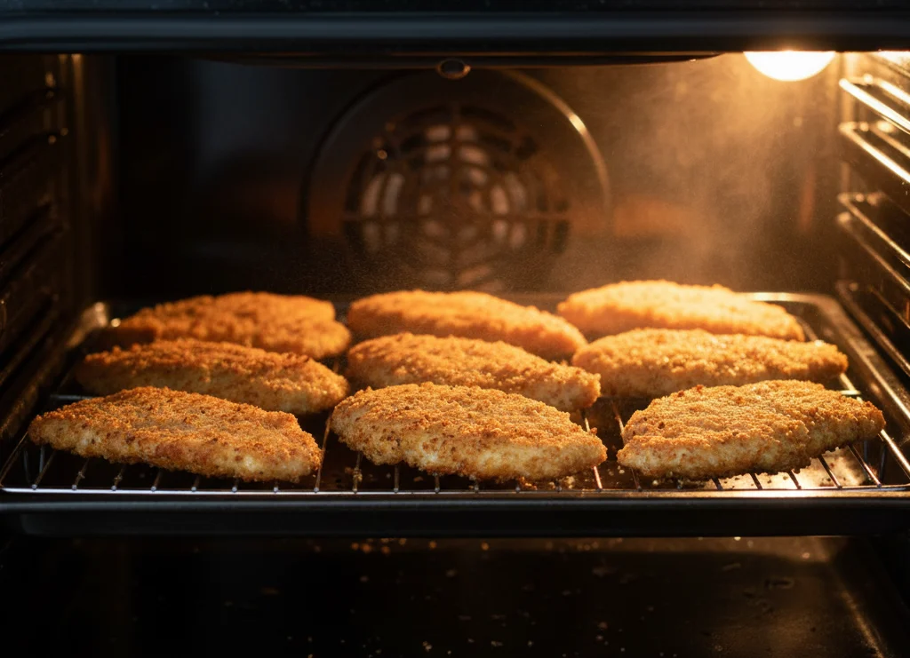 Breaded chicken cutlets on a wire rack over a baking sheet inside a hot oven, lightly sprayed with oil.