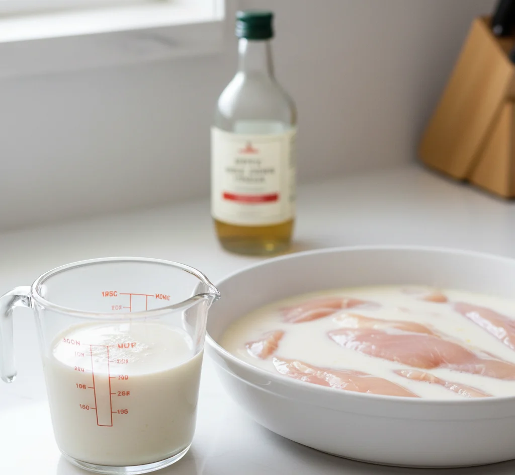 Chicken cutlets soaking in a dish of dairy-free milk and lemon juice, with a measuring cup and apple cider vinegar nearby.
