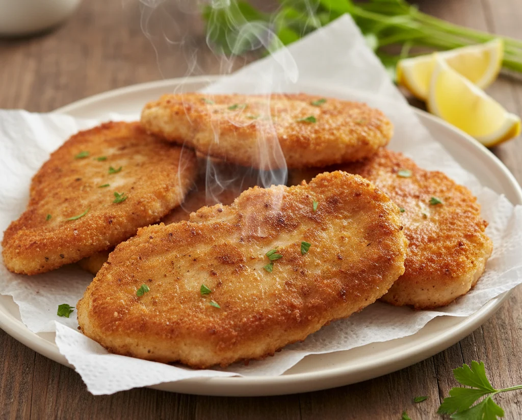 Freshly cooked crispy chicken cutlets resting on a paper towel–lined plate with steam rising and lemon wedges on the side.