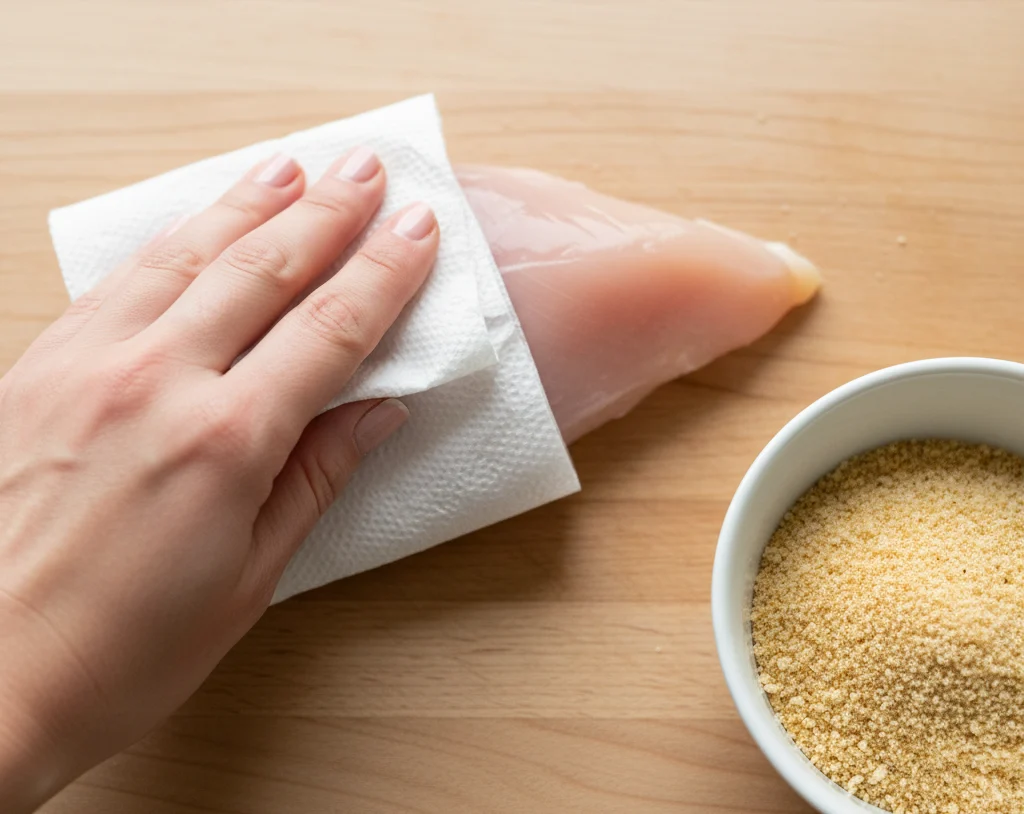 Close-up of a hand patting a raw chicken cutlet dry with a paper towel next to a bowl of golden breadcrumbs on a wooden kitchen counter.