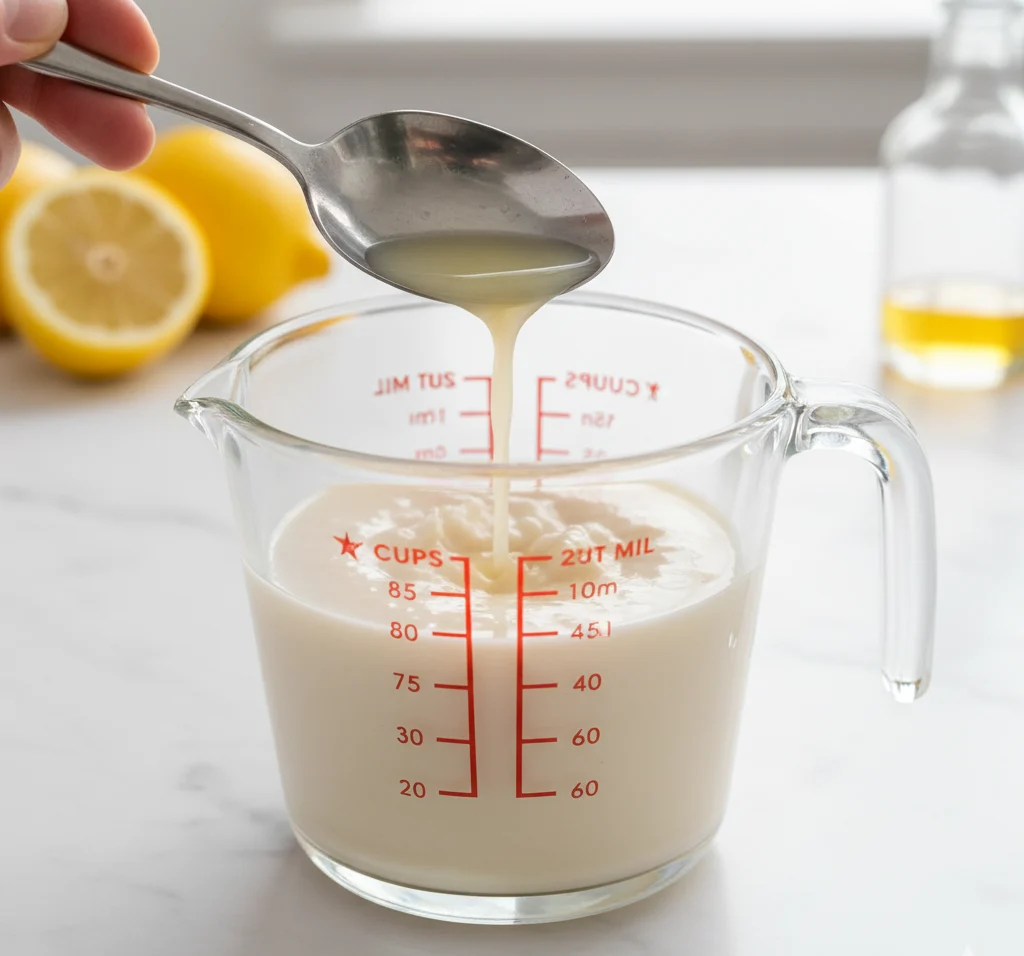 Plant-based milk mixed with lemon juice in a glass measuring cup, being stirred to create a thick dairy-free buttermilk substitute.