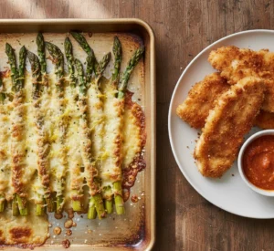 Golden Parmesan roasted asparagus topped with lemon zest, served warm with crispy chicken cutlets.
