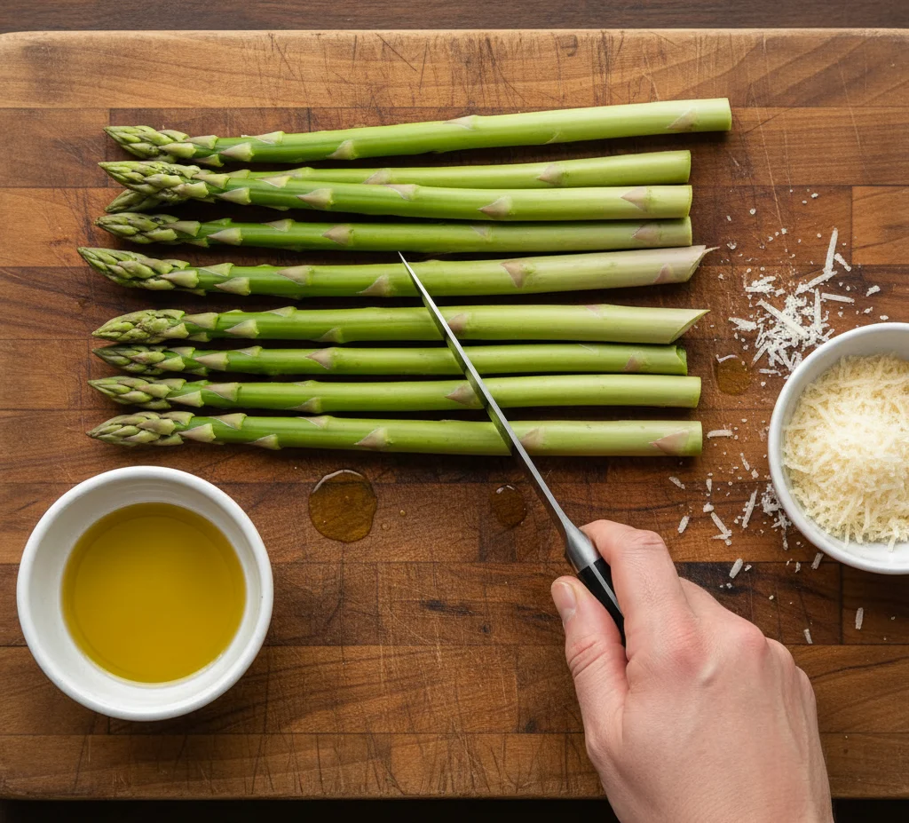 Fresh asparagus being trimmed and prepared for roasting on a wooden board.