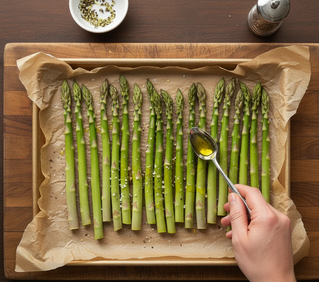 Asparagus on a baking tray coated with olive oil, garlic, salt, and pepper.