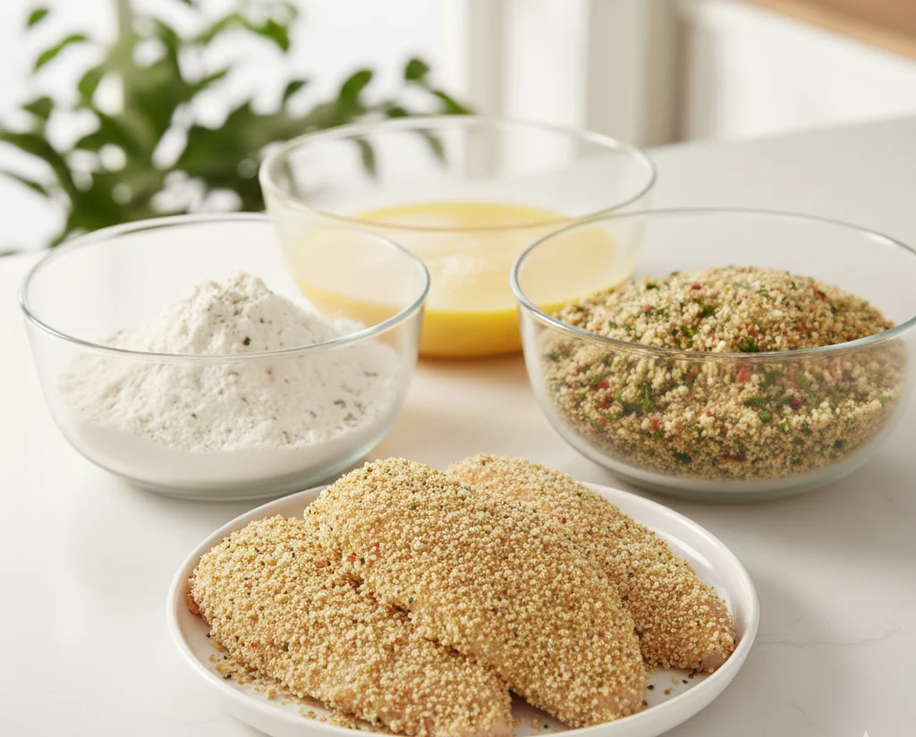 Chicken cutlets coated with flour, dipped in eggs, and covered in golden breadcrumbs at a three-bowl breading station, ready for cooking