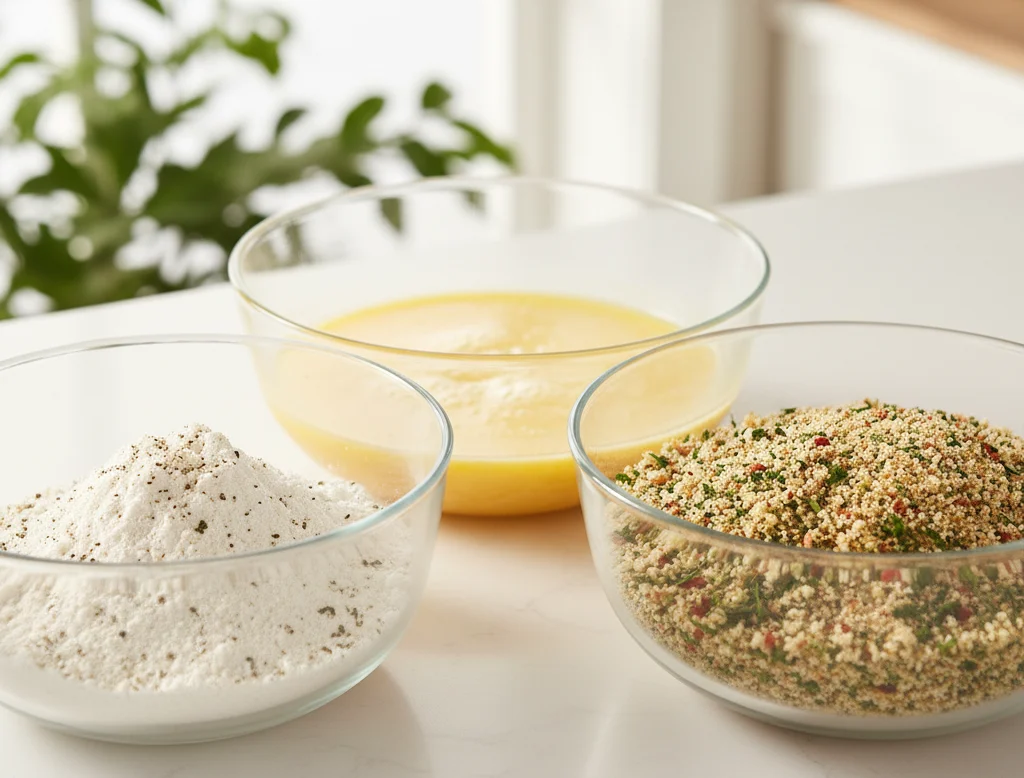 “Three bowls on a kitchen counter: gluten-free flour with seasoning, beaten eggs or substitute, and gluten-free breadcrumbs mixed with herbs and spices.”