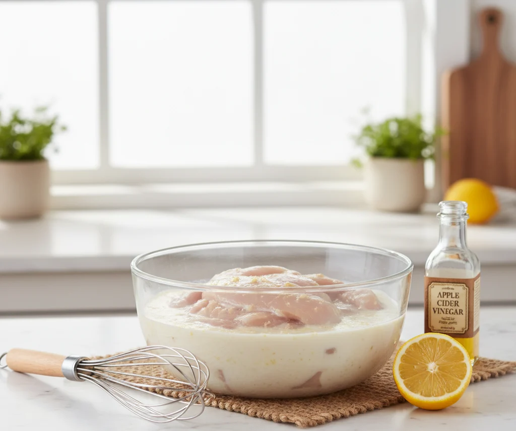 “Chicken cutlets soaking in almond milk mixed with lemon juice, with apple cider vinegar and a whisk nearby for a simple dairy-free marinade.”