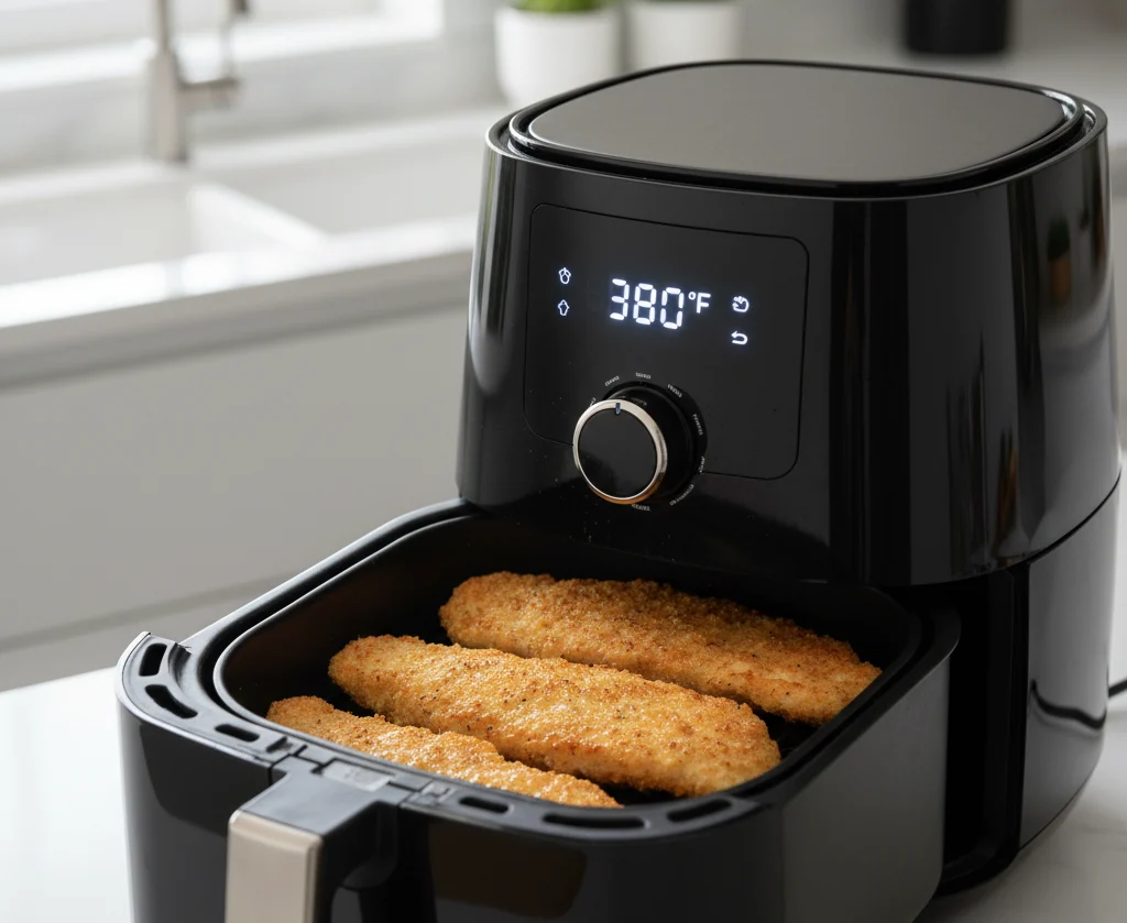 Breaded chicken cutlets cooking in an air fryer at 380°F, lightly sprayed with oil until golden brown and crispy.