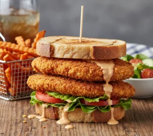 Crispy gluten-free chicken cutlet sandwich with lettuce, tomato, and sauce between toasted gluten-free bread on a rustic table.