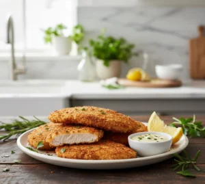 Crispy golden-brown chicken cutlets on a plate with lemon wedges, dipping sauce, and herbs, styled as a featured hero image.