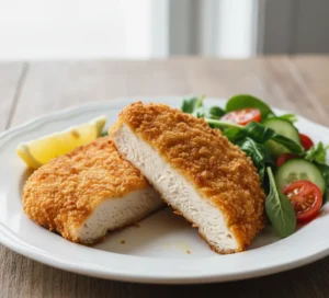 Crispy baked chicken cutlets served with lemon wedges and salad.