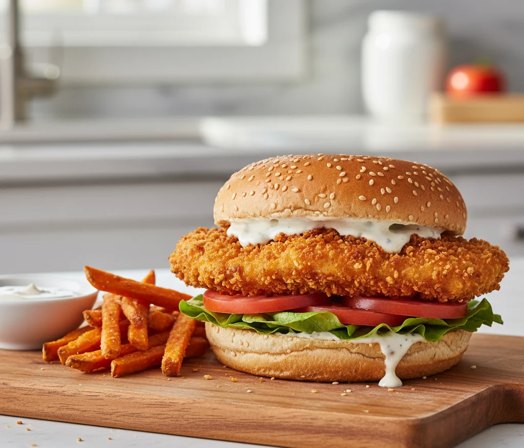 Gluten-free crispy chicken burger with lettuce, tomato, and sauce in a toasted bun, served with fries on a wooden board.
