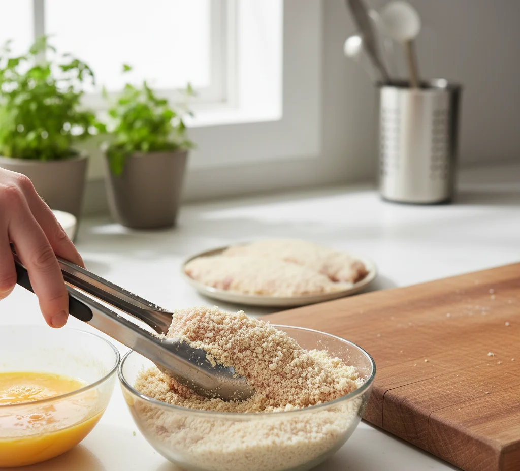 Chicken cutlets being coated in egg and almond flour for baking.