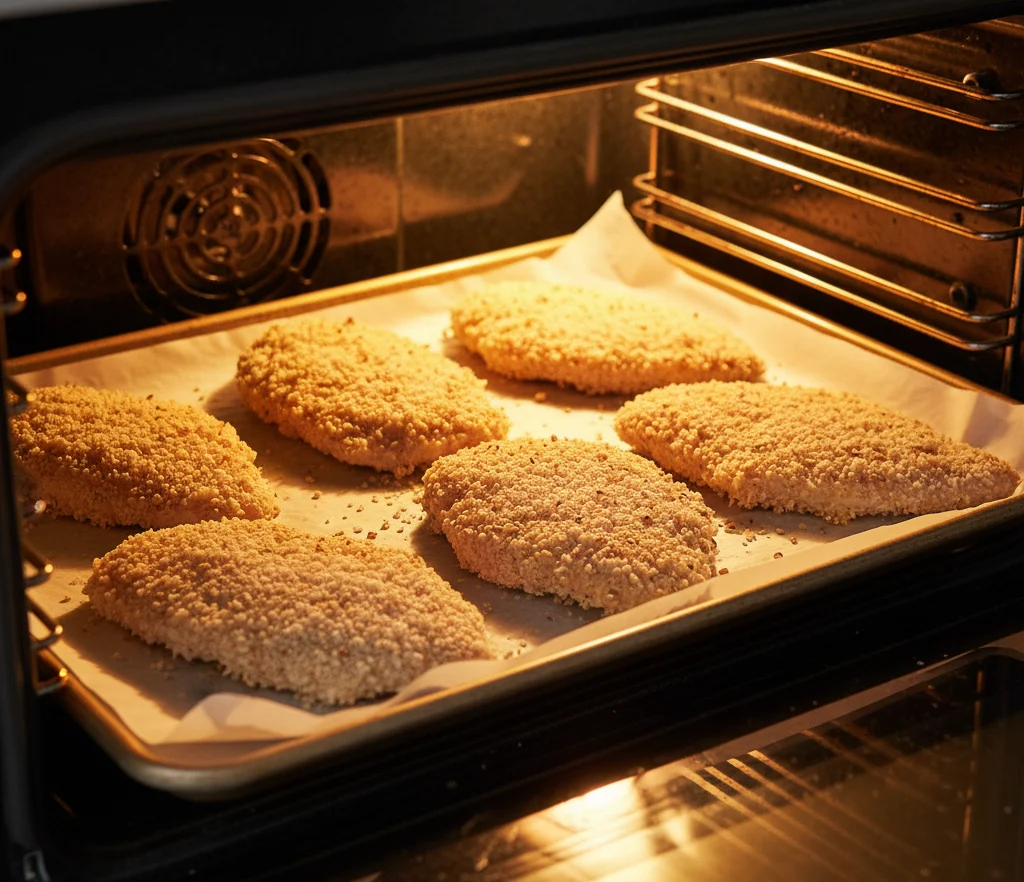 Baked chicken cutlets turning golden and crispy in the oven.