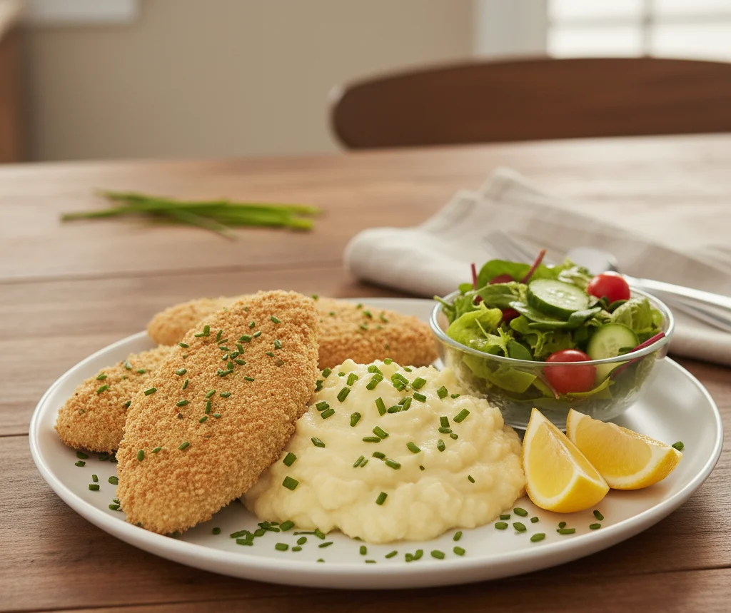 Golden baked chicken cutlets served on a white plate with lemon wedges, salad, and cauliflower mash.