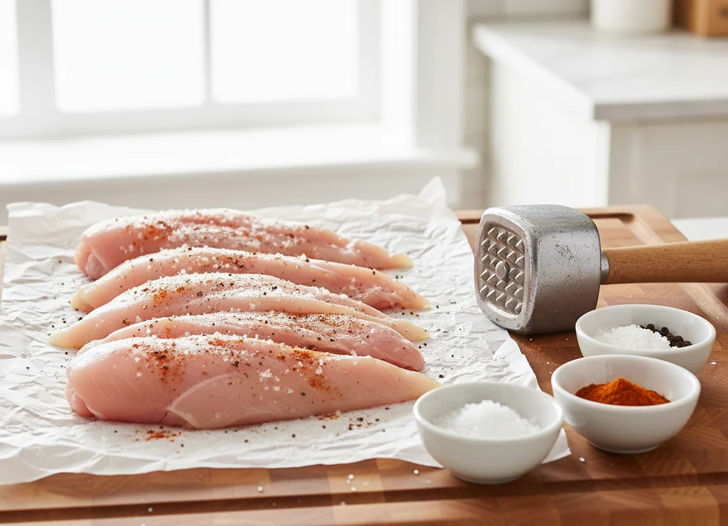 “Raw chicken fillets pounded thin and seasoned with salt, pepper, and paprika on parchment paper.”