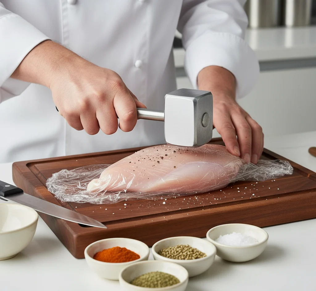 Cook flattening raw chicken breasts with a meat mallet on a cutting board, seasoned with salt and pepper.