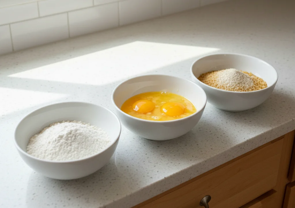 Three bowls on a kitchen counter with gluten-free flour, beaten eggs, and breadcrumbs mixed with garlic powder.
