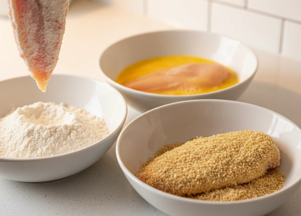 Chicken fillet coated in flour, egg, and breadcrumbs at a breading station for crispy gluten-free cutlets.