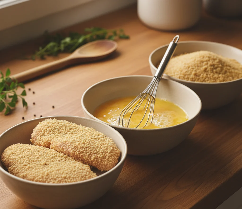 breaded chicken cutlets resting in a bowl along with bowl of whisked egg and bread crumbs