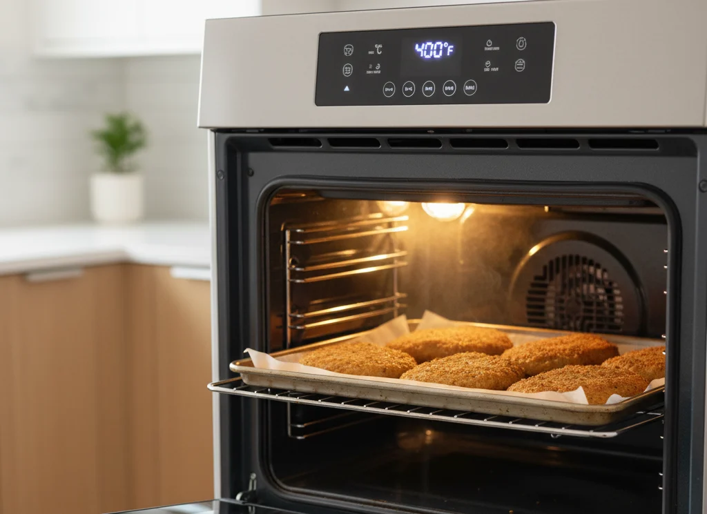 Breaded chicken cutlets baking in the oven at 400°F on a parchment-lined tray until golden brown and crispy.
