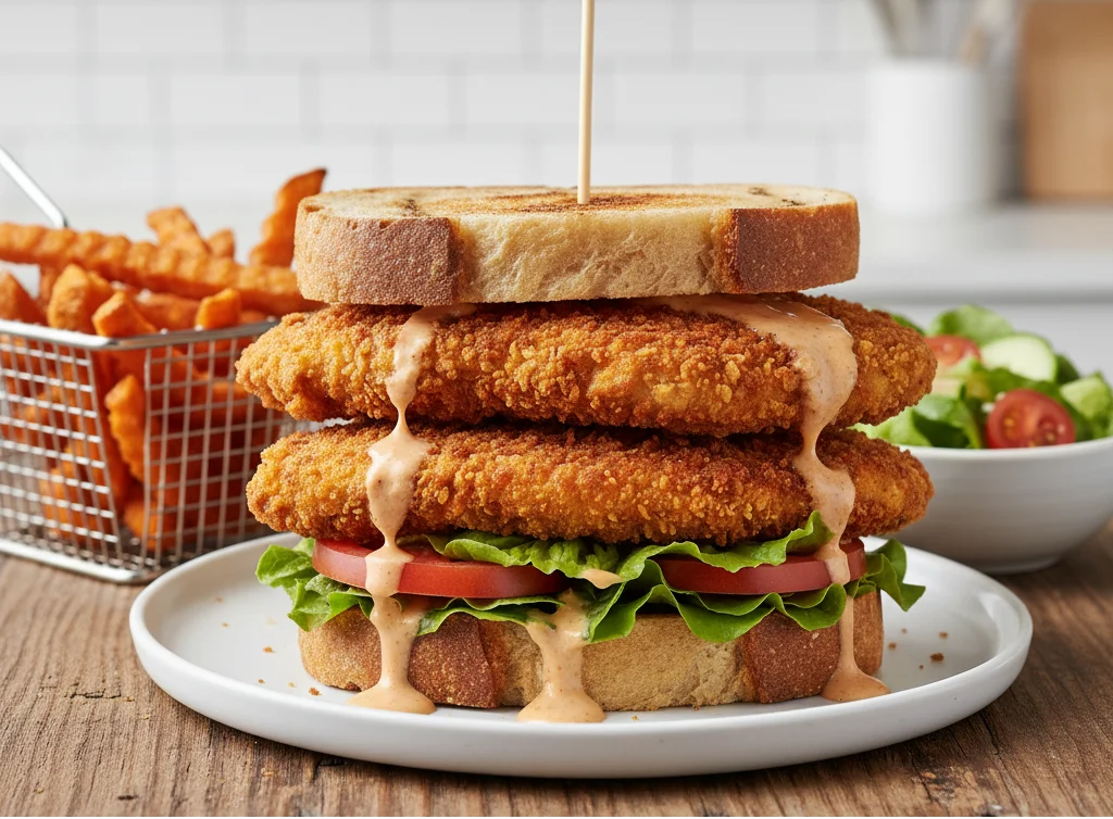 Fully assembled gluten-free chicken cutlet sandwich with crispy chicken, lettuce, tomato, and sauce between toasted gluten-free bread, served with a side of fries or salad.