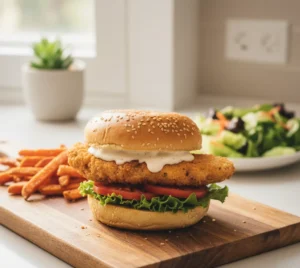 Assembled crispy chicken sandwich with lettuce, tomato, sauce, and a toasted gluten-free bun.