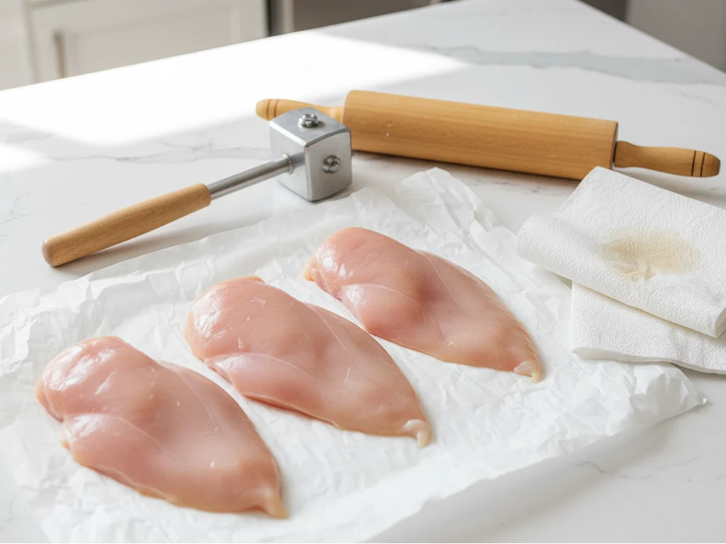 Raw chicken breasts pounded to ¼ inch thickness on parchment paper with a meat mallet, rolling pin, and paper towels for drying.