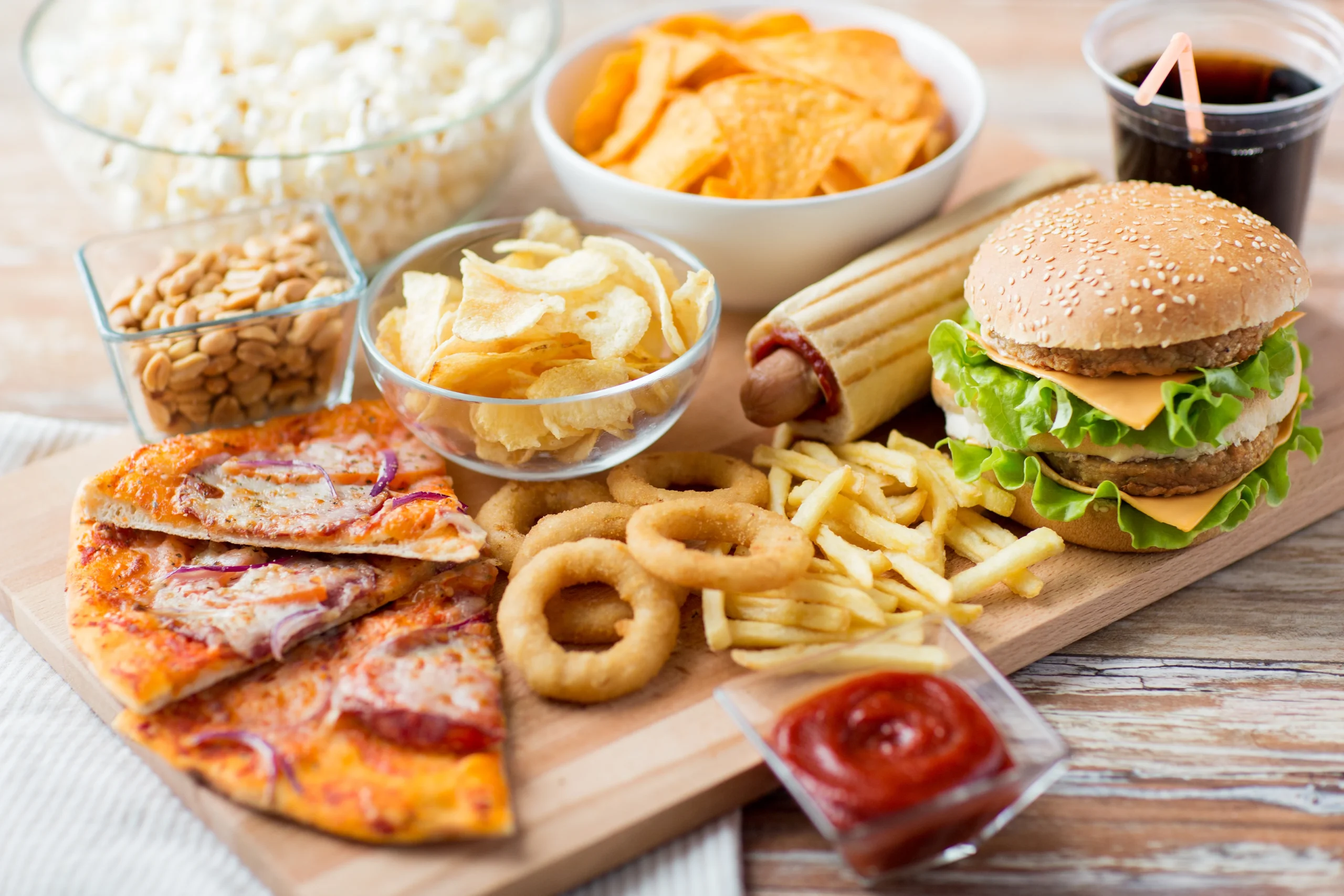 unhealthy ultra processed foods displayed on the table